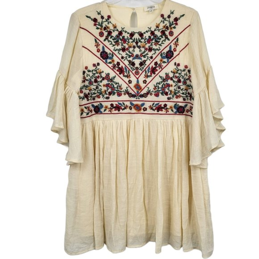 Umgee Medium Floral Embroidered Boho Ivory‎ Ruffle Sleeve Baby Doll Tunic Top